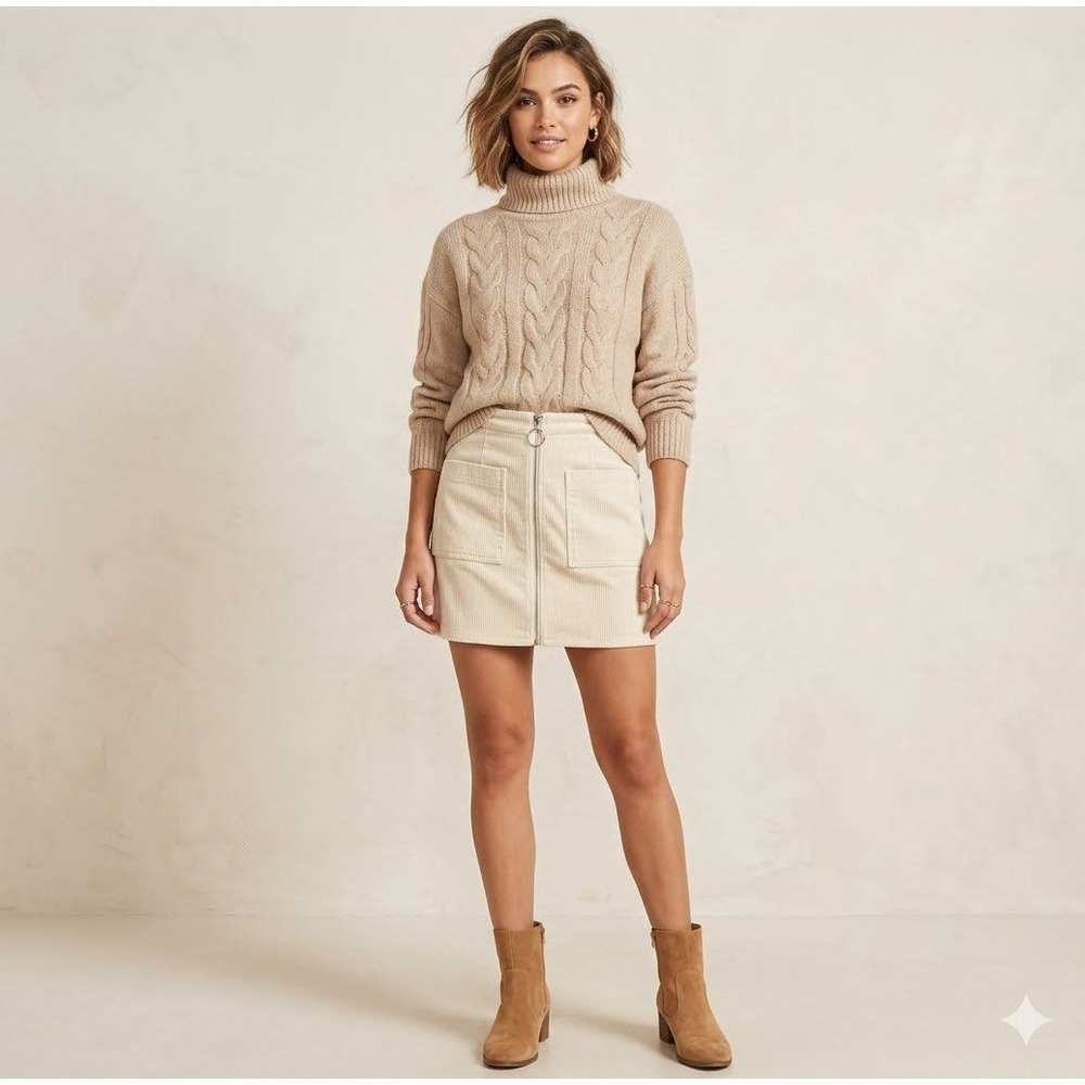 NWT Forever 21 Cream Corduroy Mini Skirt Front Zip O-Ring Pocket Women's Medium